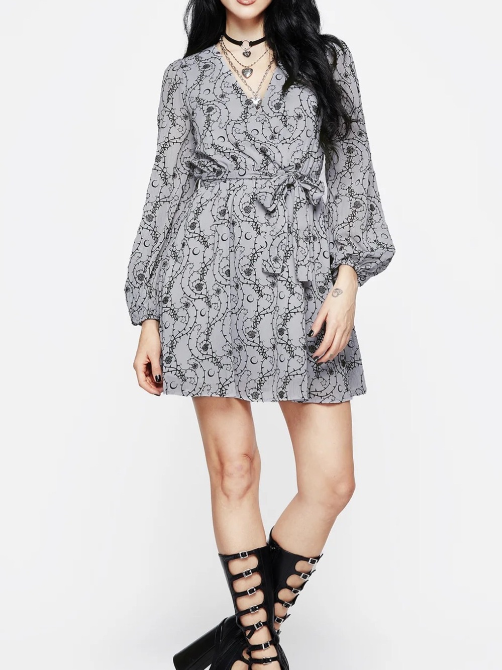 Disturbia Rosethorn Flocked Velour Chiffon Faux Wrap Mini Dress Womens 14